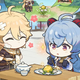 Aether and Paimon bringing Ganyu fried rice.